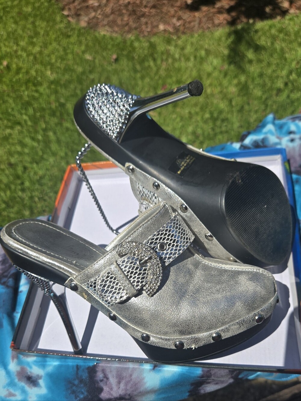 Silver Buckle High Heel Mules for Women
